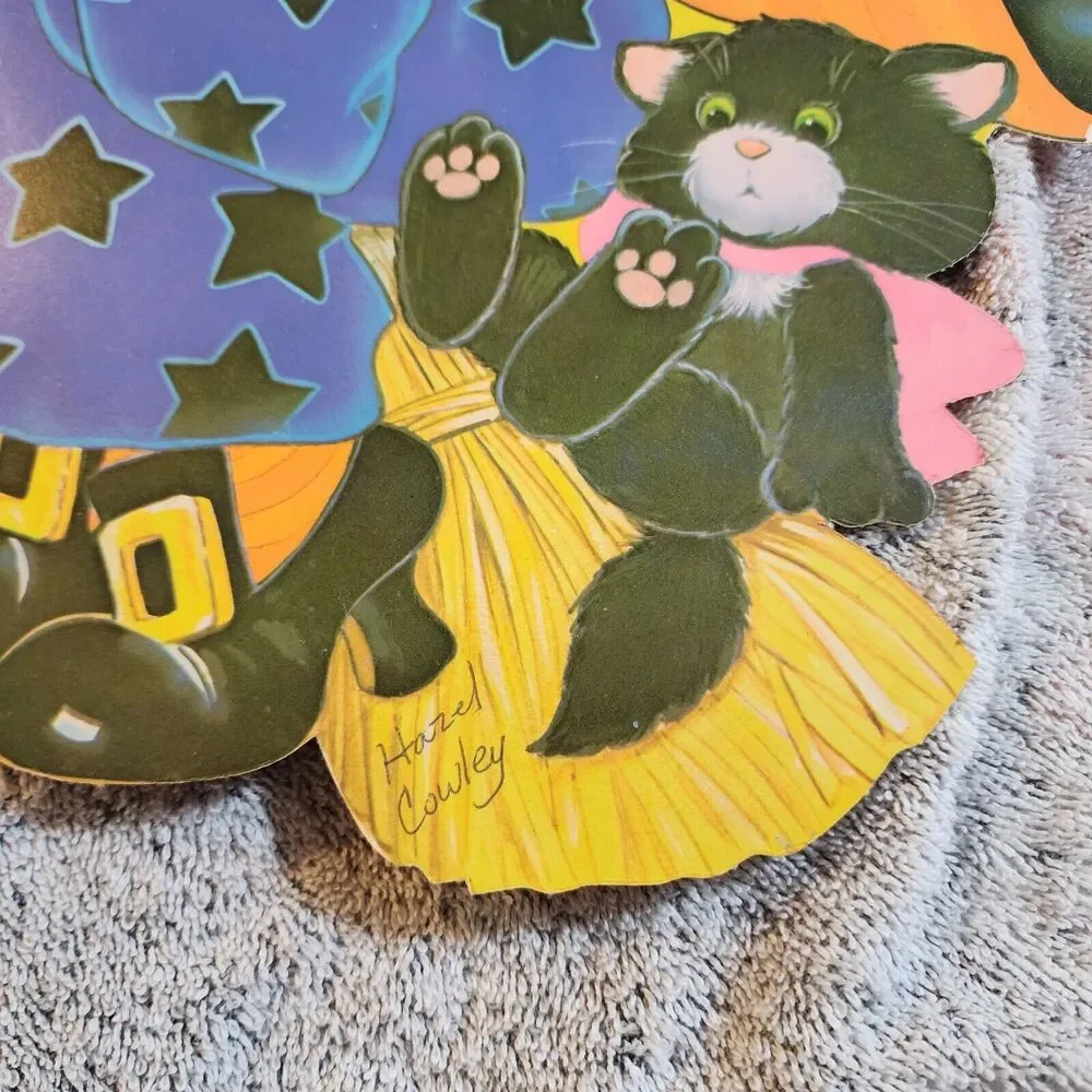 Vintage Halloween Witch on Broom Die Cut Flocked Velvet Double Sided Decoration